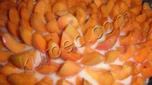 Абрикосовый пирог со сметанной заливкой, пошаговое приготовление - в корзинку выложить нарезанные абрикосы