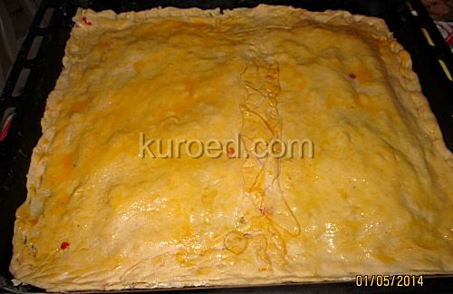 Пирог с мясом, пошаговое приготовление - пирог накрыть вторым пластом теста, защипать и смазать поверхность желтком